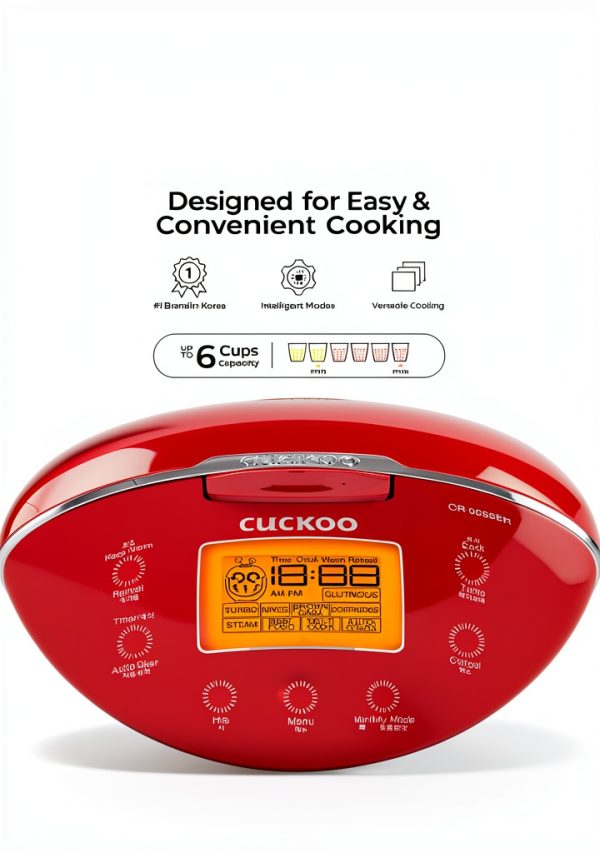 CUCKOO Micom Rice Cooker 6 Cup Uncooked / 12 Cup Cooked, Fuzzy Logic Rice Maker with Delay Timer & Keep Warm Setting, Versatile Food Steamer for Cooking, Non-Stick Inner Pot, Red (CR-0655F)-6