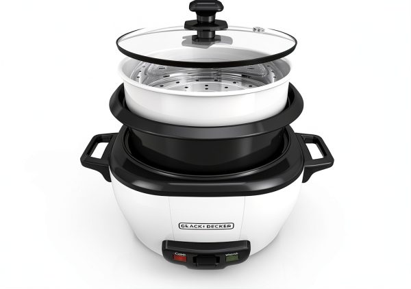 BLACK+DECKER Rice Cooker 6-Cup (Cooked) with Steaming Basket, Removable Non-Stick Bowl, White-5
