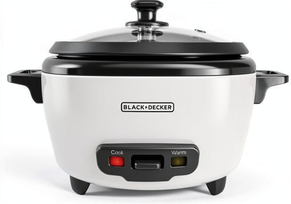 BLACK+DECKER Rice Cooker 6-Cup (Cooked) with Steaming Basket, Removable Non-Stick Bowl, White-0