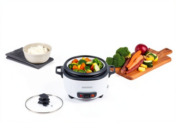 BLACK+DECKER Rice Cooker 6-Cup (Cooked) with Steaming Basket, Removable Non-Stick Bowl, White-7